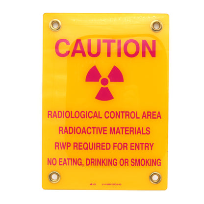 Warning sign with radiation symbol and text on a yellow background