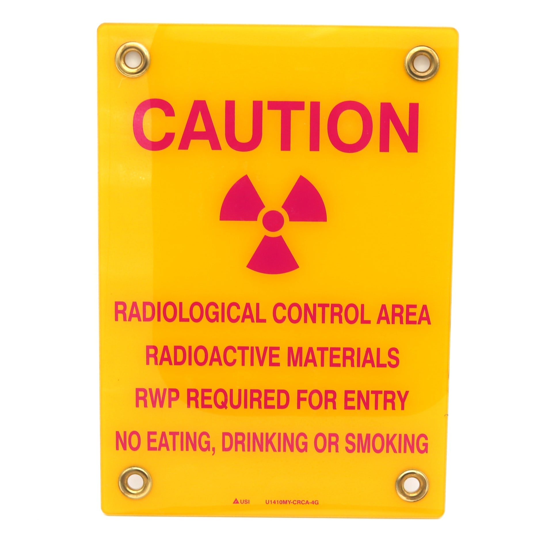 Yellow caution sign with radiation symbol and text on a white background