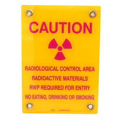 Yellow caution sign with radiation symbol and text on a white background