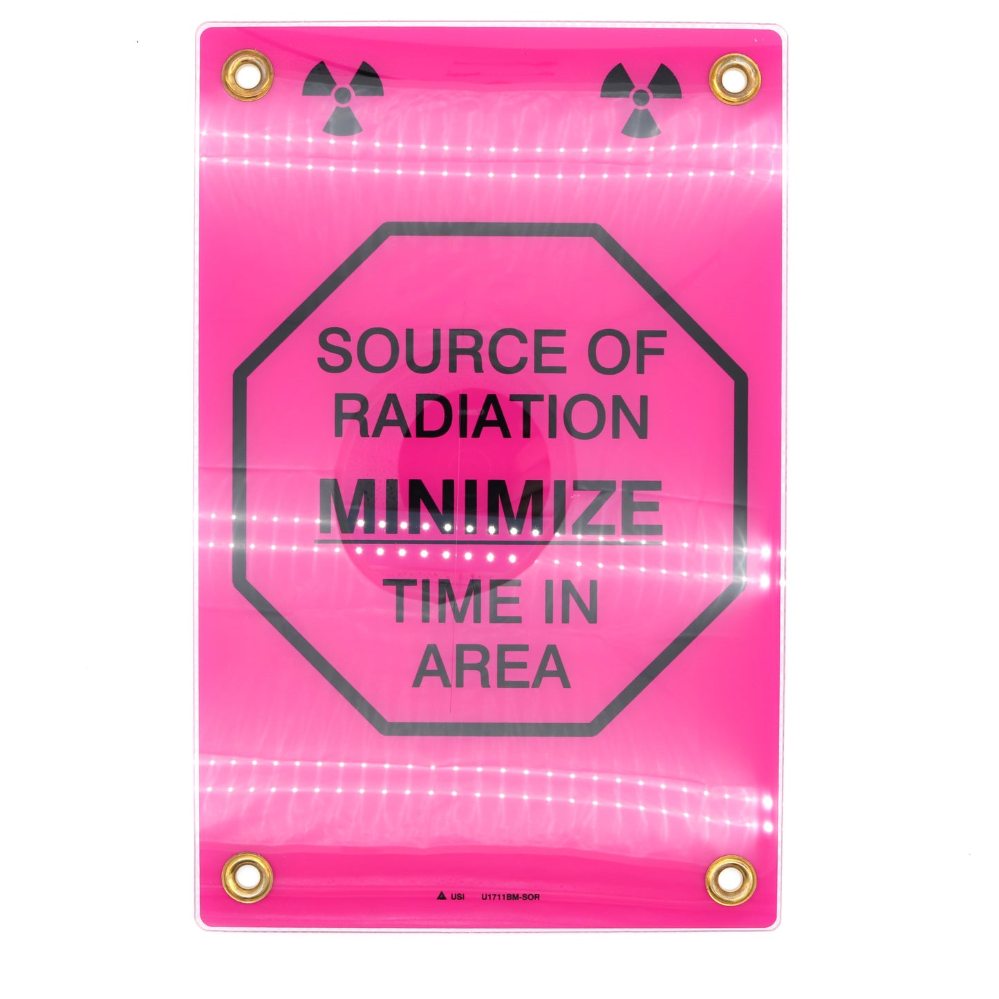 Pink radiation warning sign with text 'Source of Radiation Minimize Time in Area' on a white background