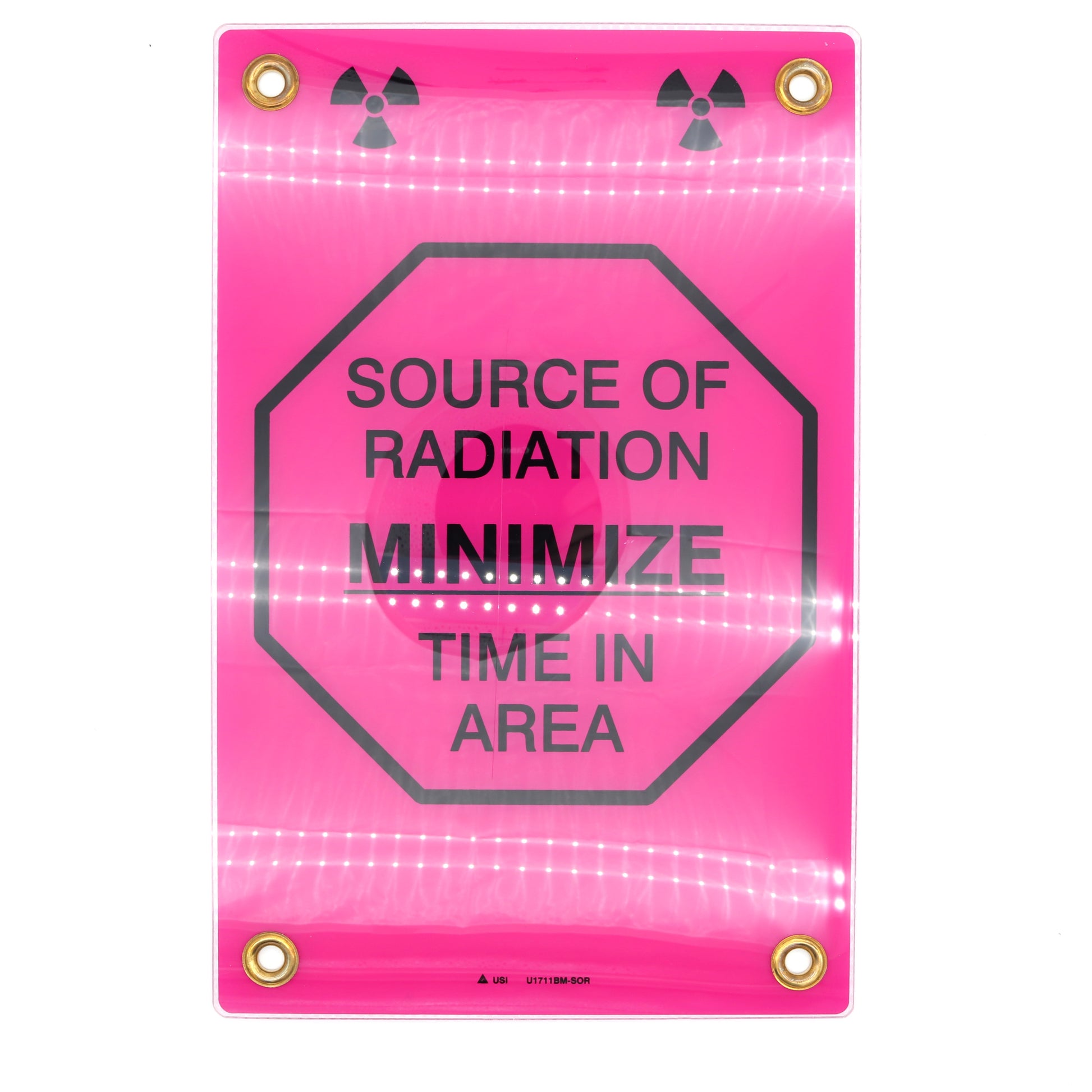 Pink radiation warning sign with text 'Source of Radiation Minimize Time in Area' on a white background