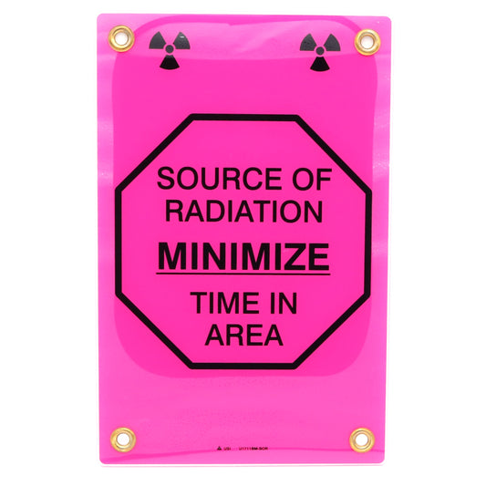 Pink radiation warning sign with text 'Source of Radiation Minimize Time in Area' on a white background