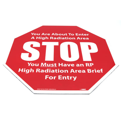 Red warning sign with white text about high radiation area entry requirements on a white background