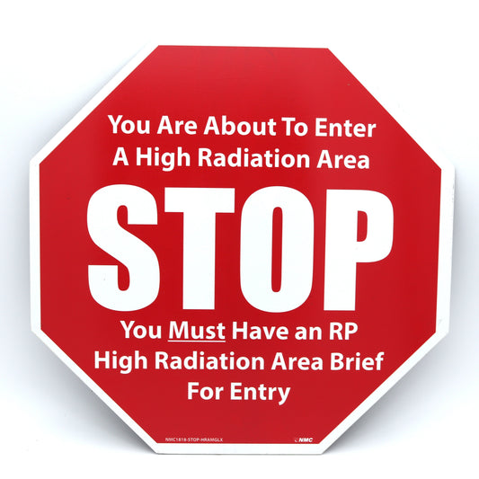 Red warning sign with white text about high radiation area entry requirements on a white background