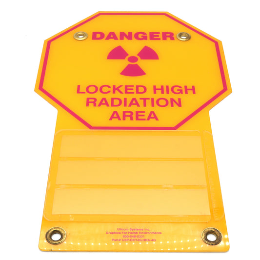 Yellow radiation warning sign with red text and symbol on a white background
