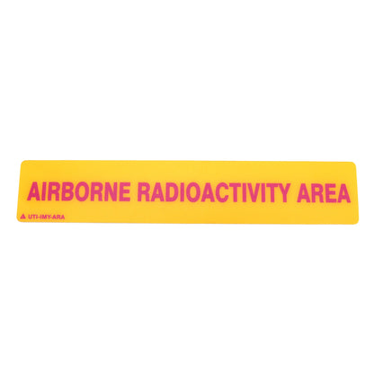 Yellow and pink 'Airborne Radioactivity Area' sign on a white background
