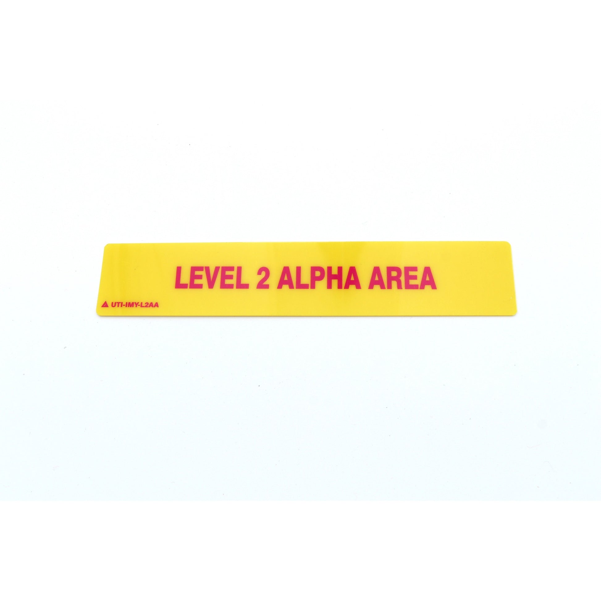 Yellow and red label with 'LEVEL 2 ALPHA AREA' text on a white background