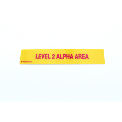 Yellow and red label with 'LEVEL 2 ALPHA AREA' text on a white background