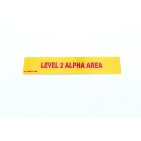 Yellow and red label with 'LEVEL 2 ALPHA AREA' text on a white background