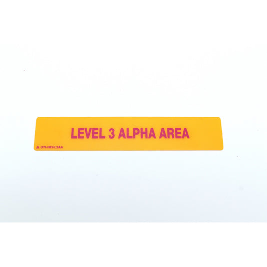 Yellow and pink sign with 'LEVEL 3 ALPHA AREA' text on a white background