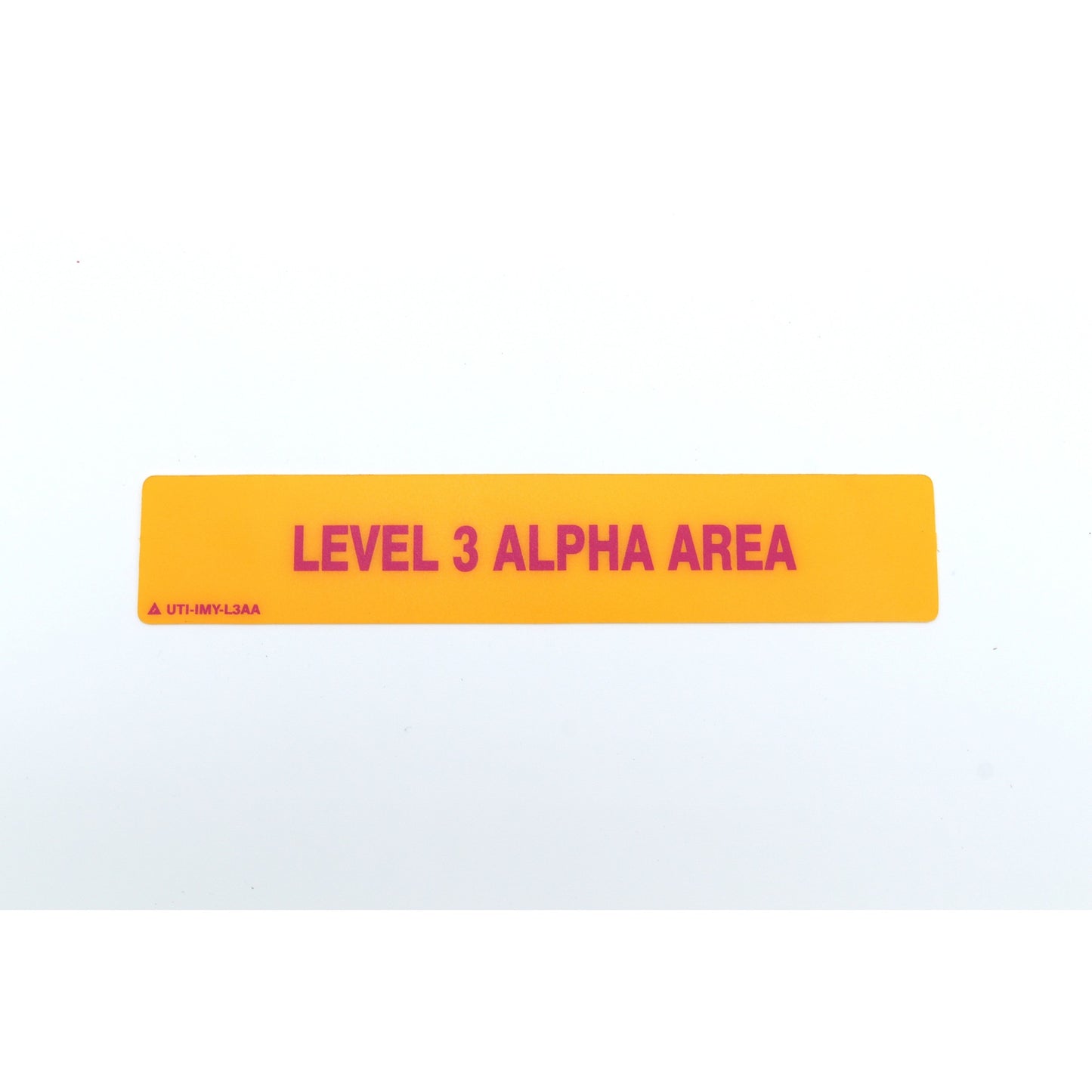 Yellow and red label with 'LEVEL 3 ALPHA AREA' text on a white background