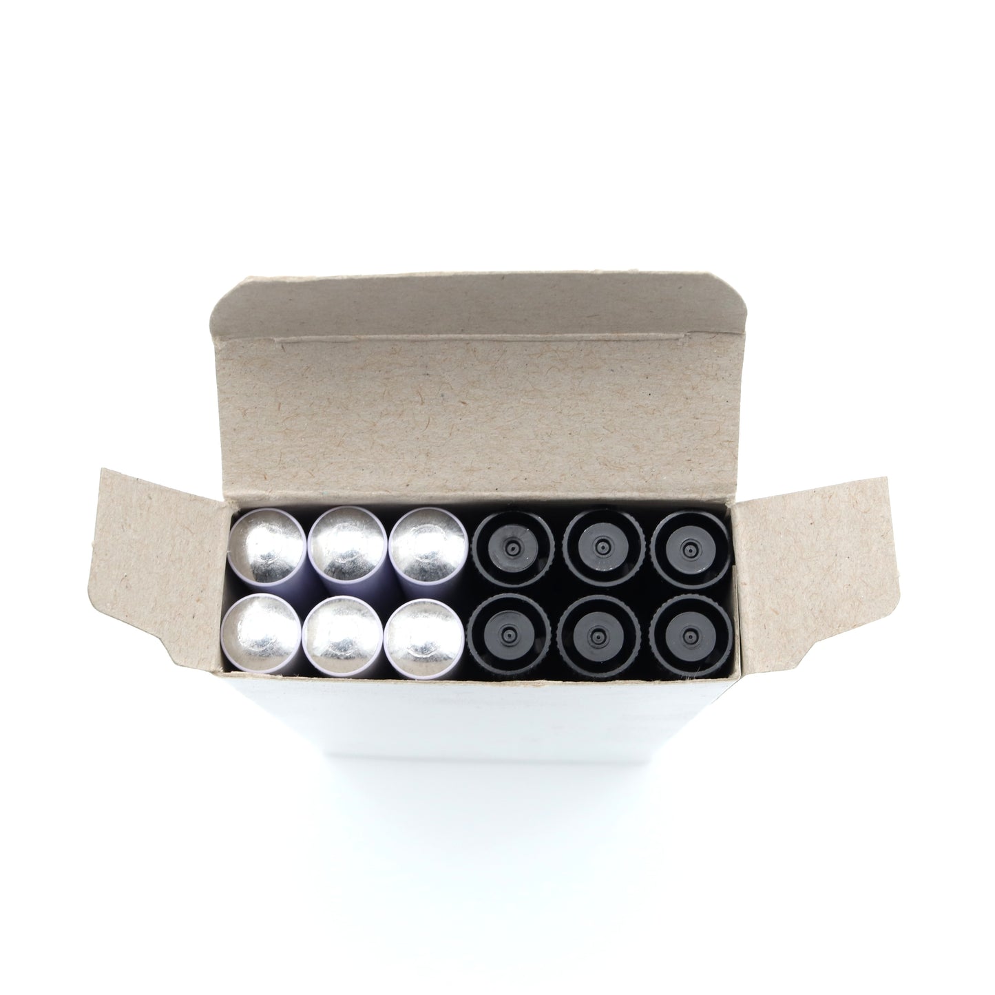 Open cardboard box containing multiple round items on a white background