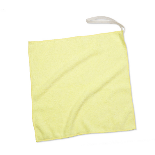 Yellow towel with a white handle on a white background