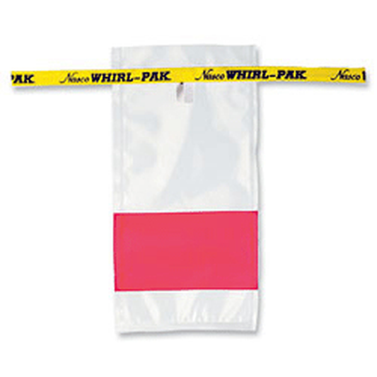 White bag with pink stripe and yellow 'Nasco Whirl-Pak' band on a white background