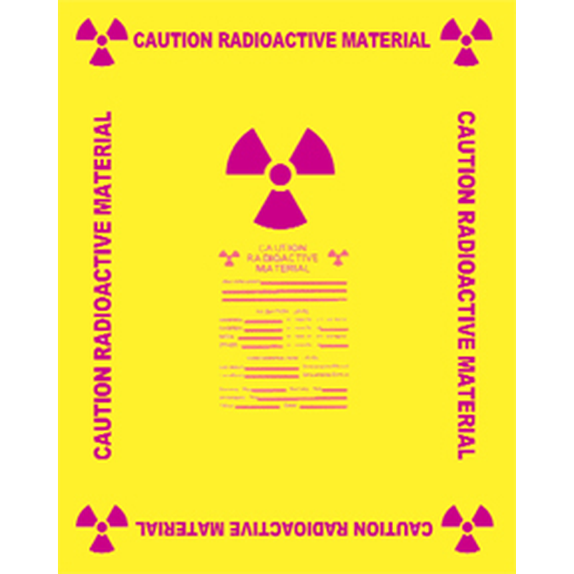 Yellow bag with purple radioactive symbol and text on a white background