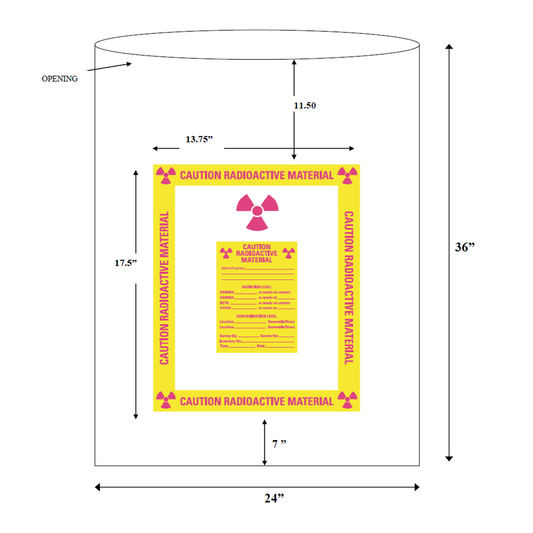 Measurement chart of a cylindrical container with radioactive material warning labels.