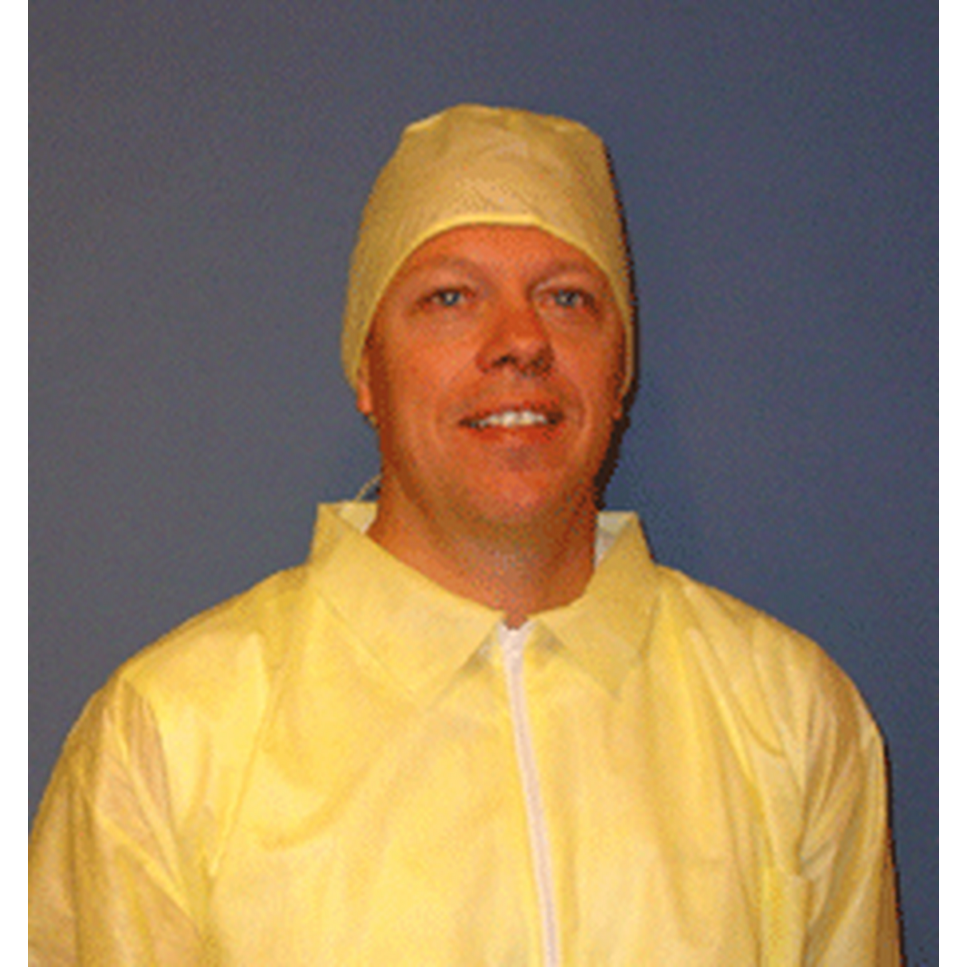 Person wearing a yellow protective suit and cap against a blue background