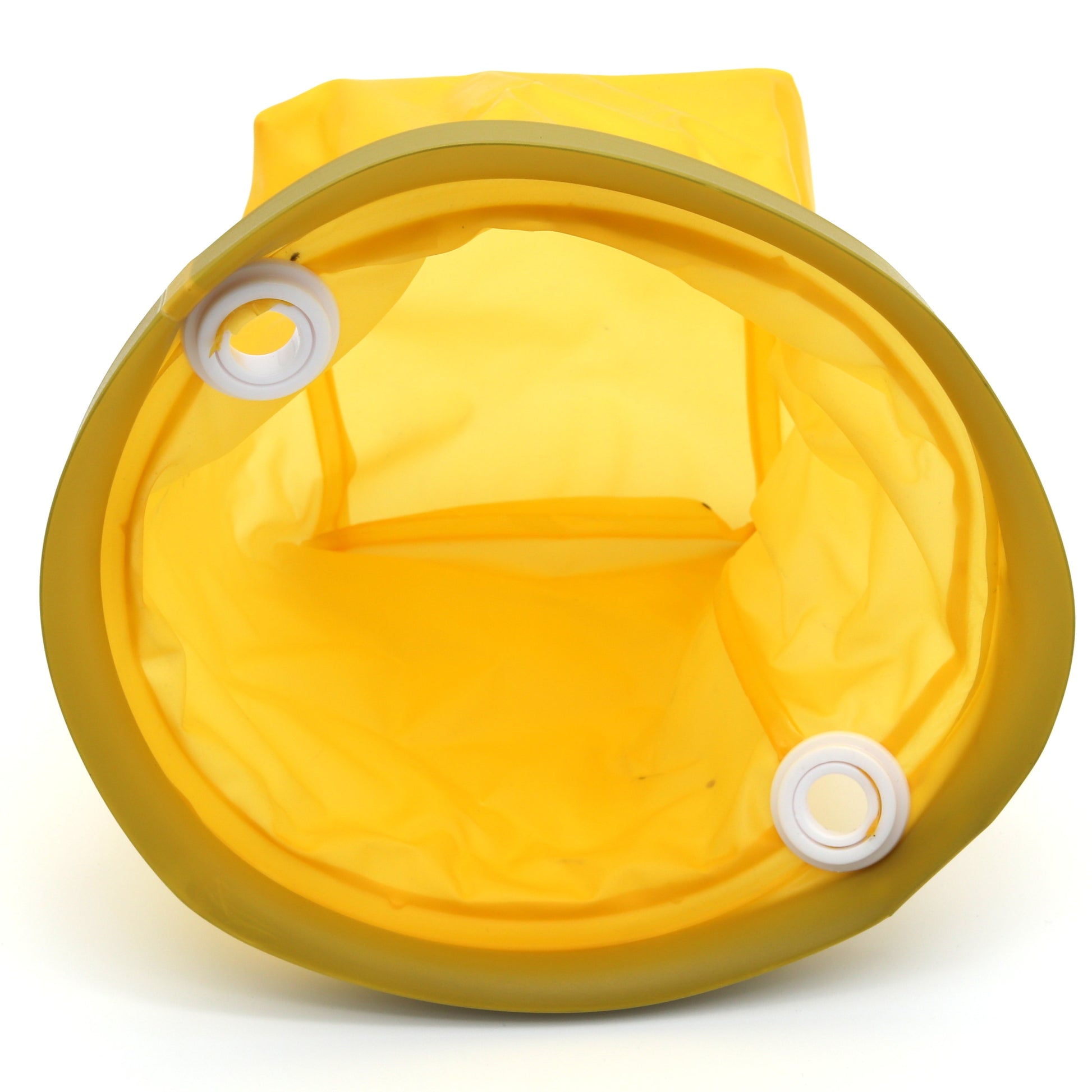 Yellow pet water bowl with a white background