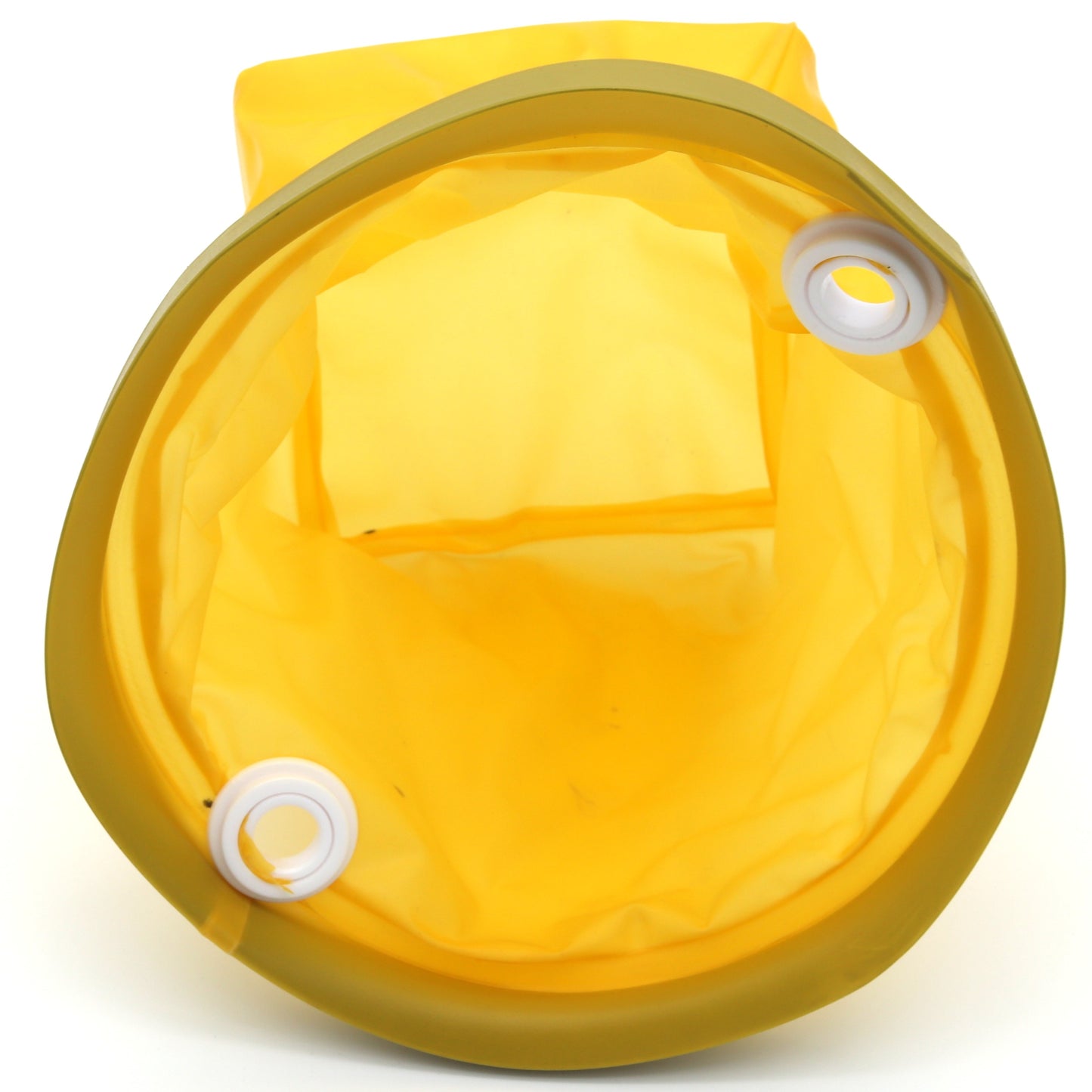 Yellow folding laundry basket on a white background