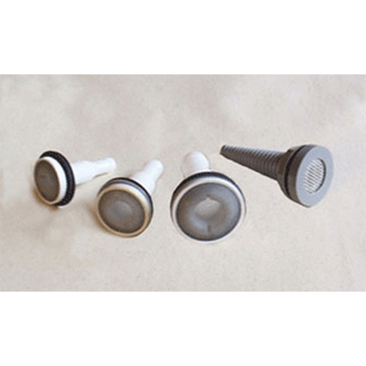 Set of four grey drain adapters on a beige background