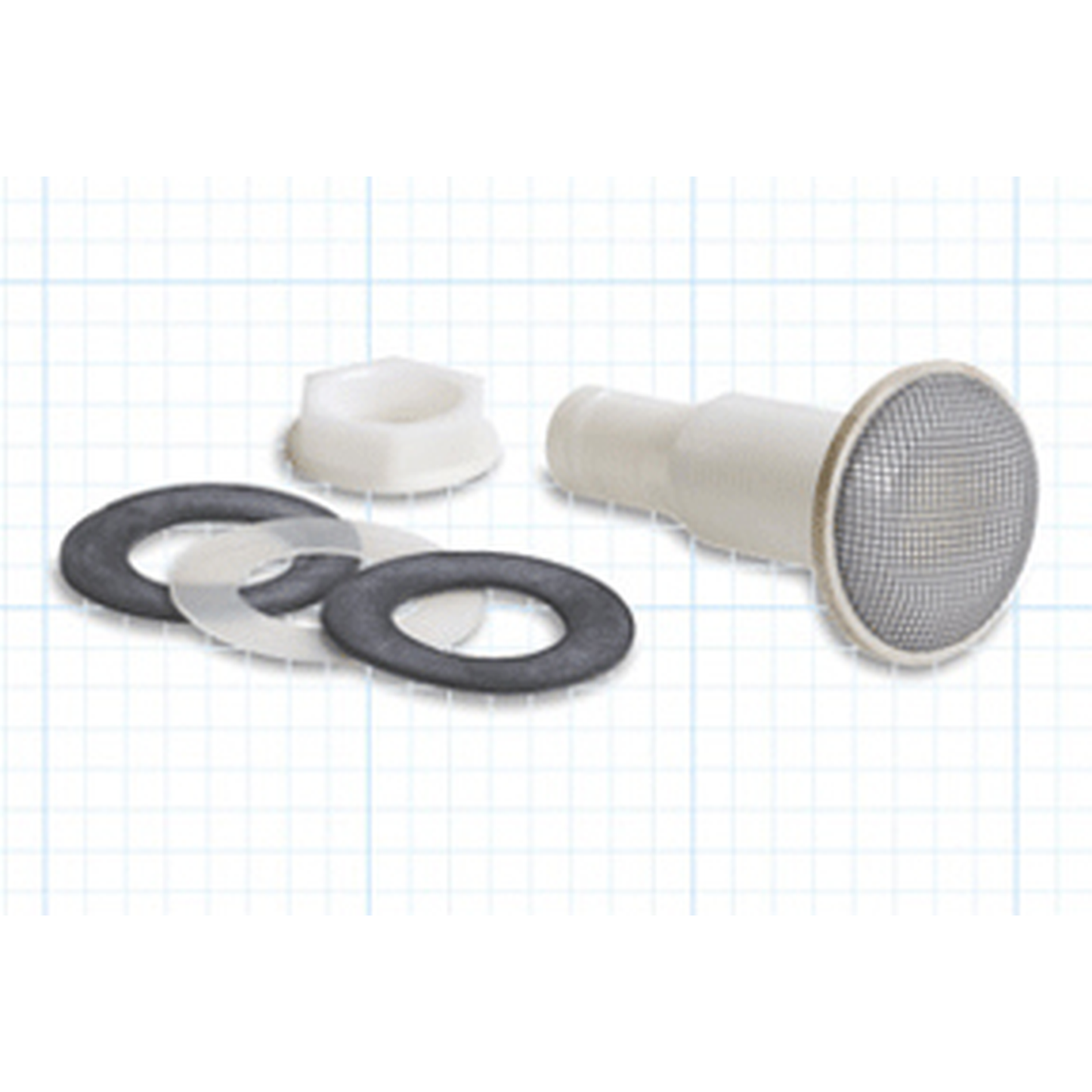Plumbing parts including a washer, O-ring, and filter on a grid background