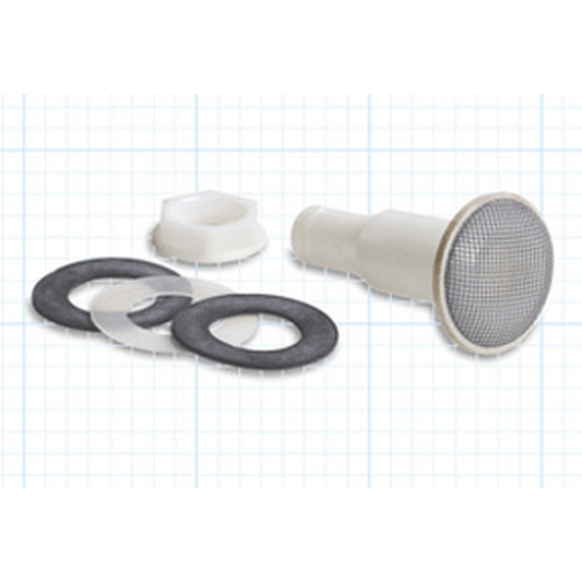 Plumbing parts including a washer, O-ring, and filter on a grid background