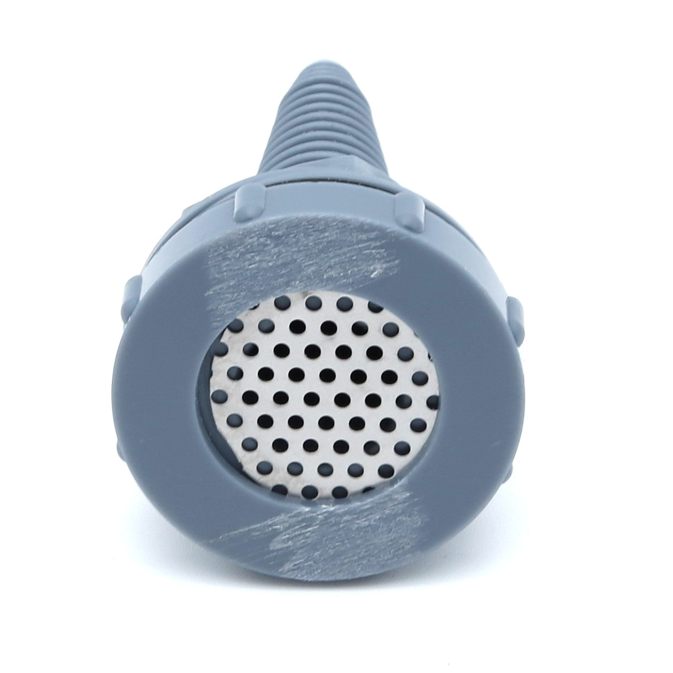 Gray hose fitting with a perforated design on a white background