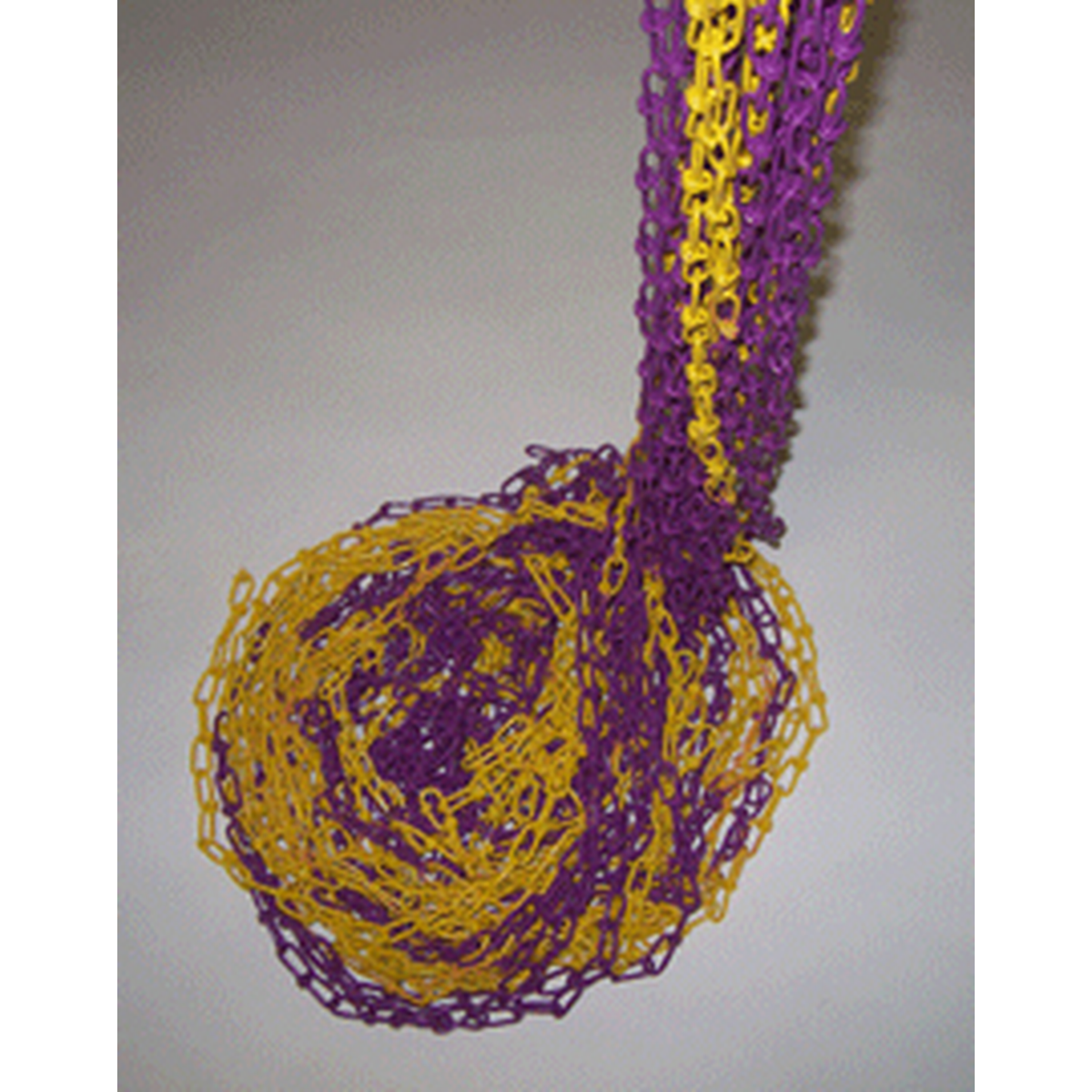 Purple and yellow chain tied in a knot on a white background