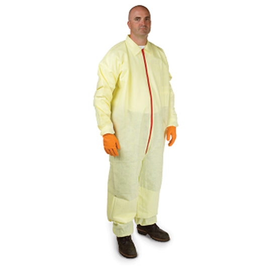A man wearing a light yellow disposable protective coverall suit with a red zipper, orange gloves, and dark brown shoes, standing against a plain white background.

Z-COV-25B-YW