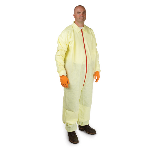 Person wearing a yellow protective suit with a red zipper on a white background