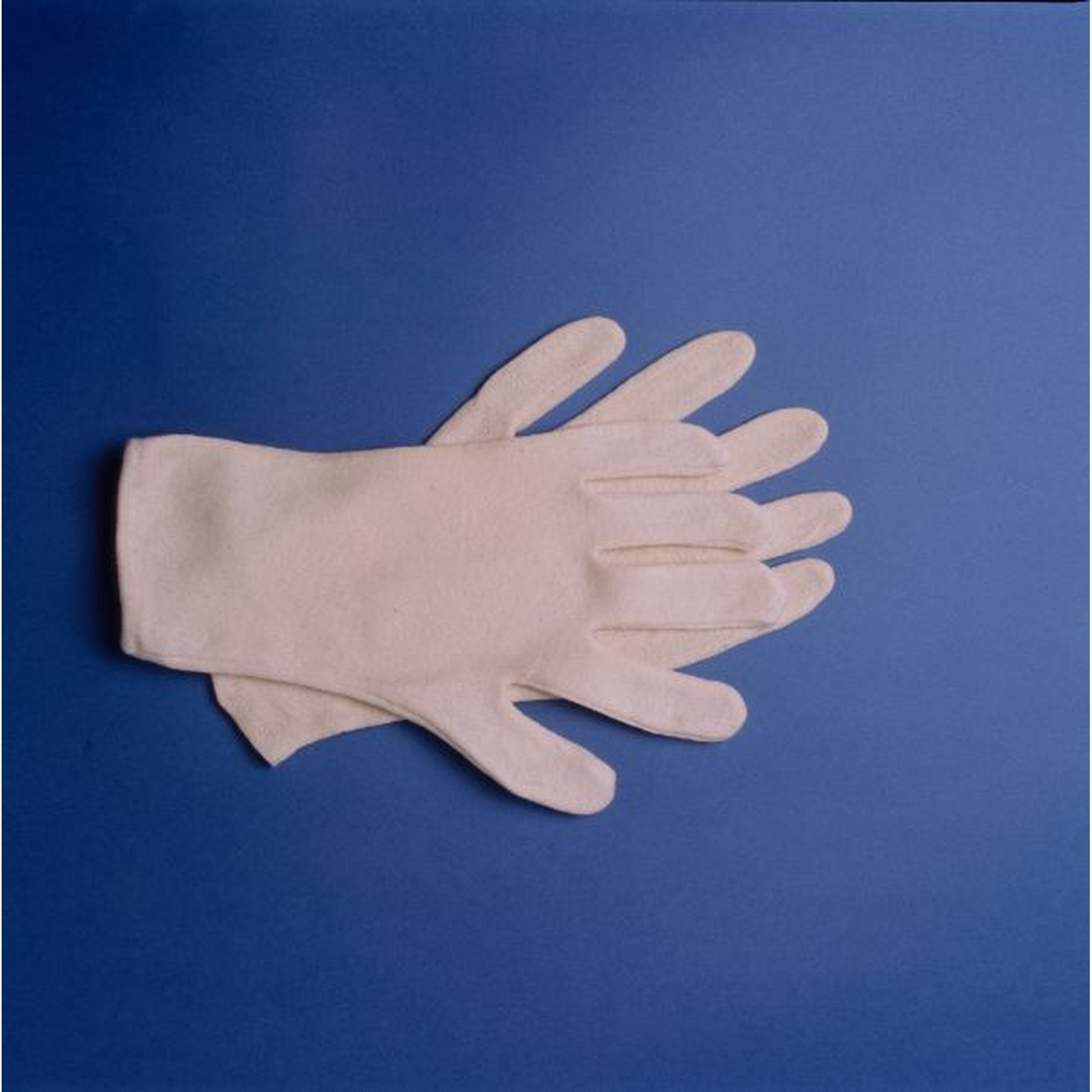 Pair of beige gloves on a blue background