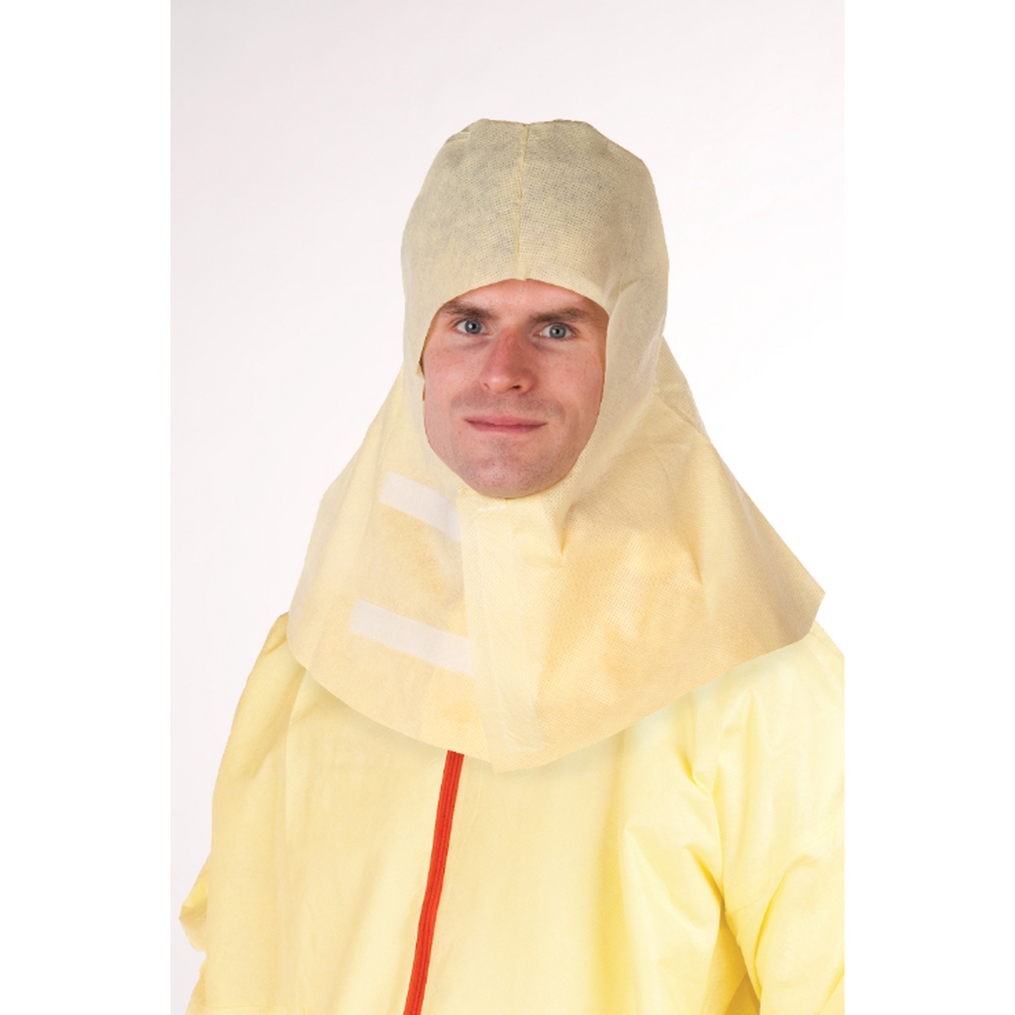 Person wearing a yellow protective suit with a hood on a white background