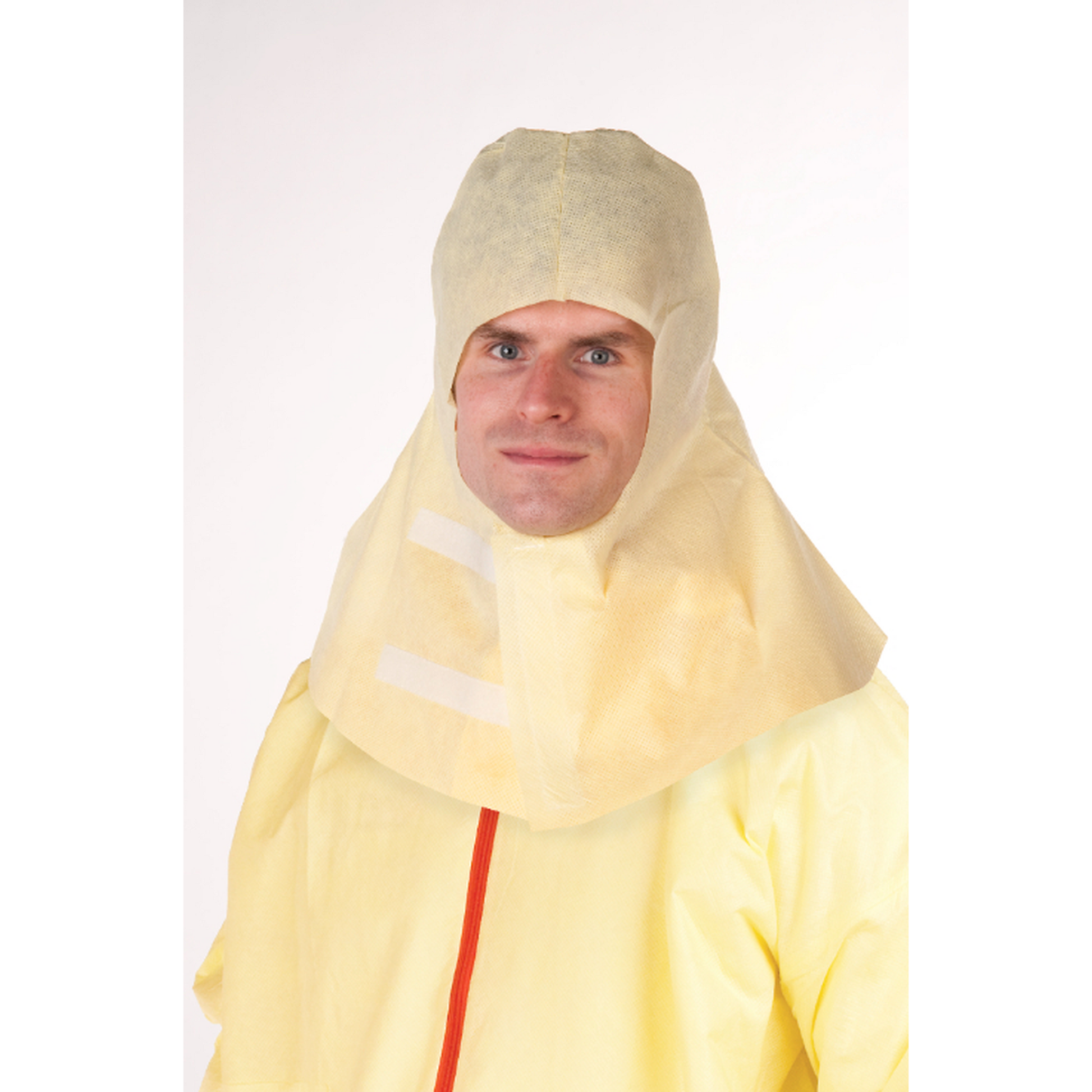 Person wearing a yellow protective suit with a hood on a white background