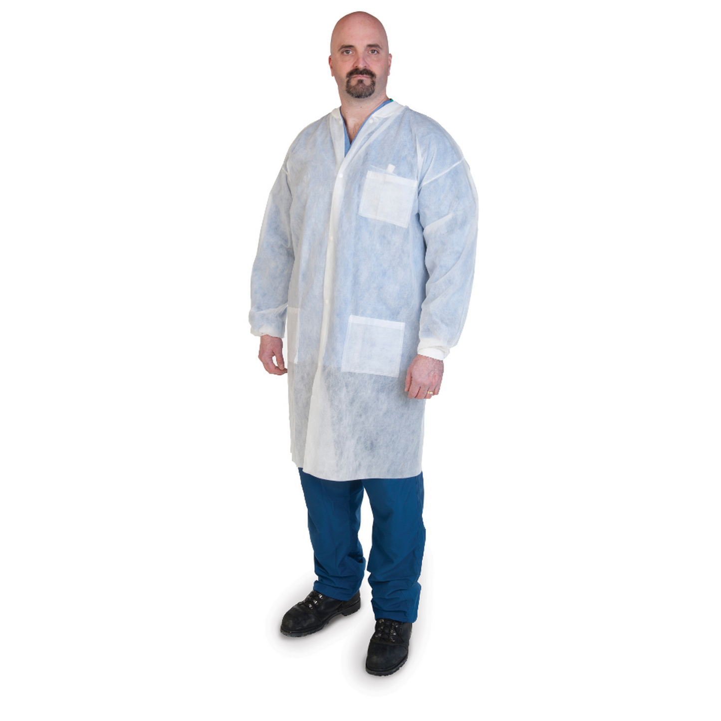 Person wearing a white lab coat and blue pants on a white background