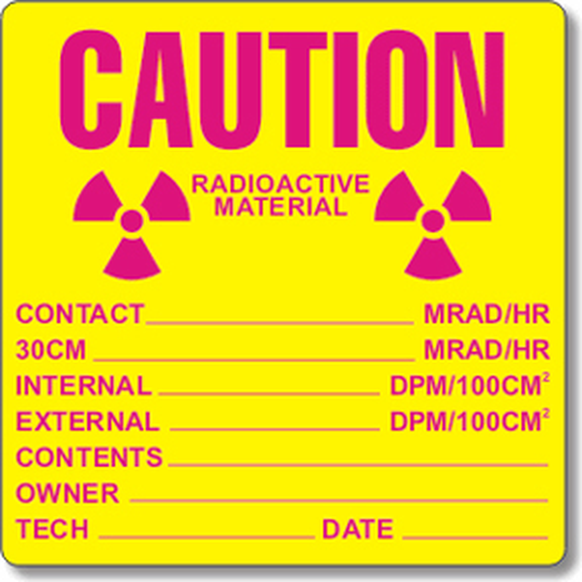 Caution radioactive material label with radiation symbol on a yellow background