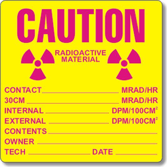 Caution radioactive material label with radiation symbol on a yellow background