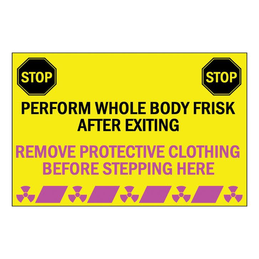 Warning sign with text and radiation symbols on a yellow background