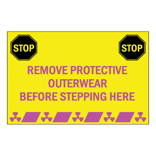 Warning sign with 'STOP' and text about removing protective clothing on a yellow background