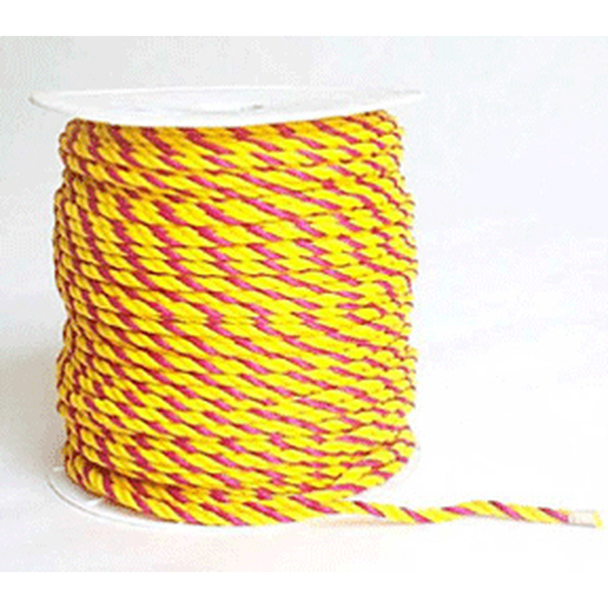 Spool of yellow and pink striped cord on a white background