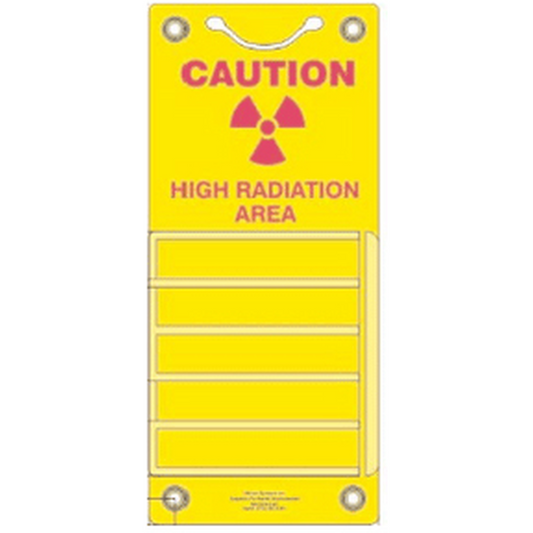 Yellow warning sign with radiation symbol and text 'Caution High Radiation Area' on a white background