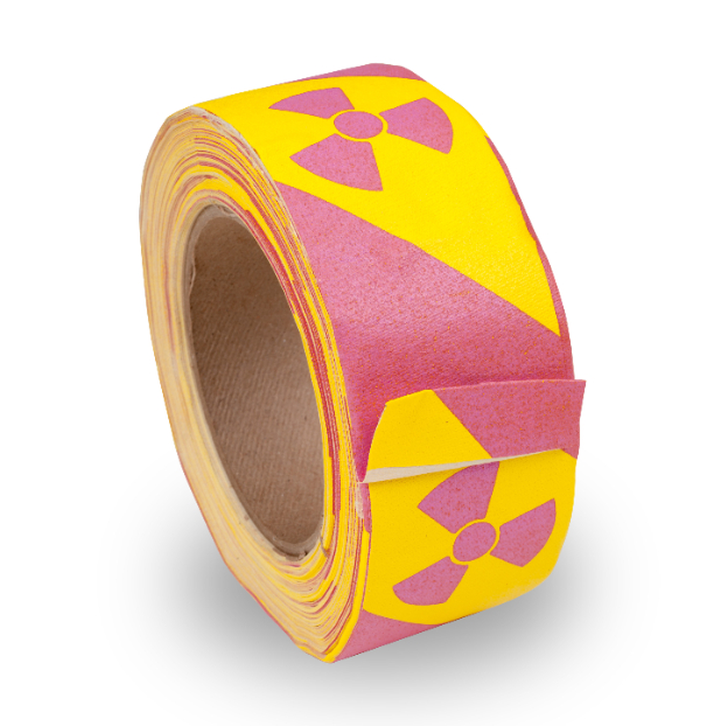 Roll of pink and yellow radioactive symbol stickers on a white background
