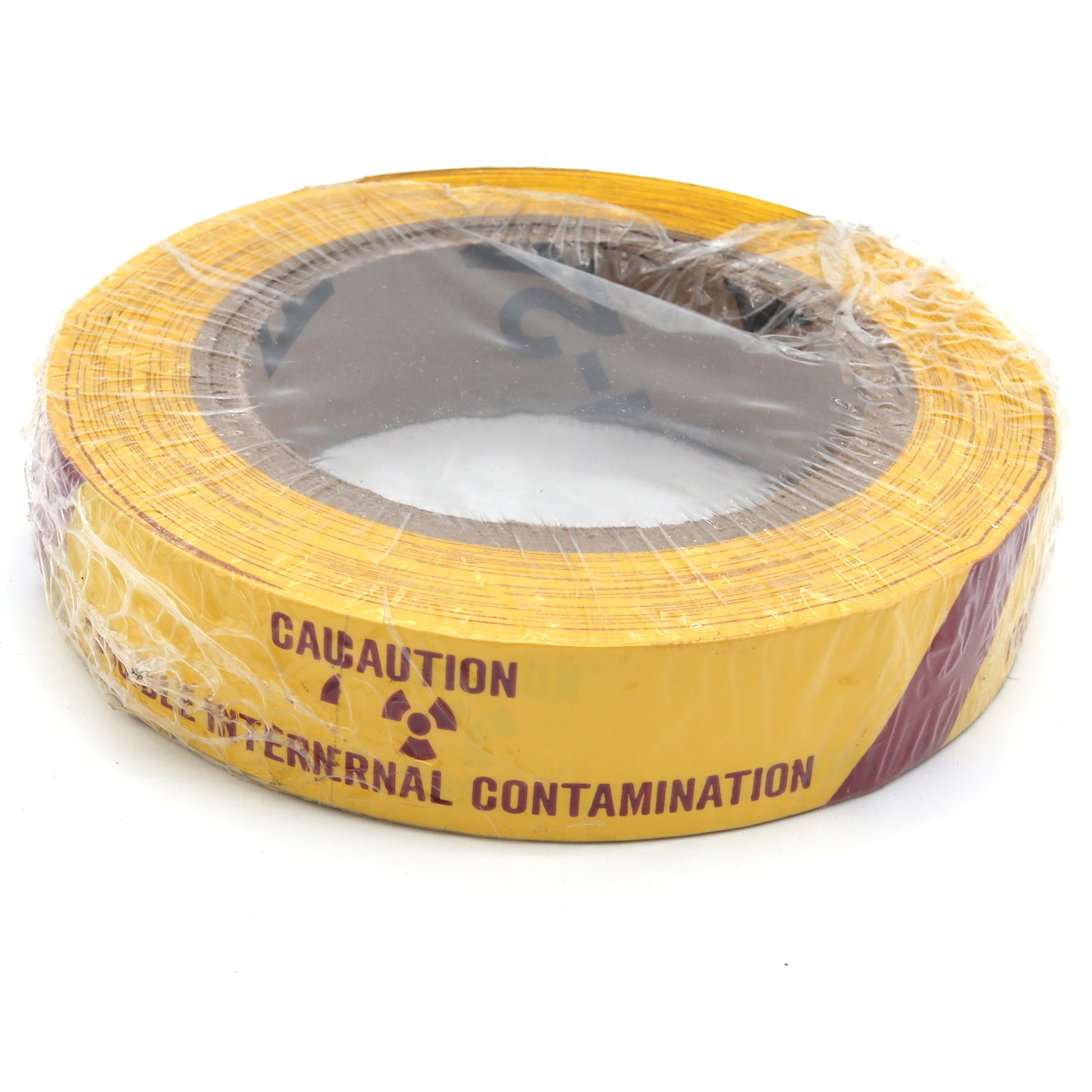 Roll of yellow warning tape with 'Caution External Contamination' text on a white background