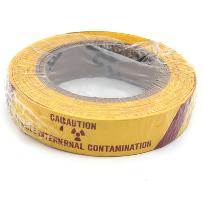 Roll of yellow warning tape with 'Caution External Contamination' text on a white background