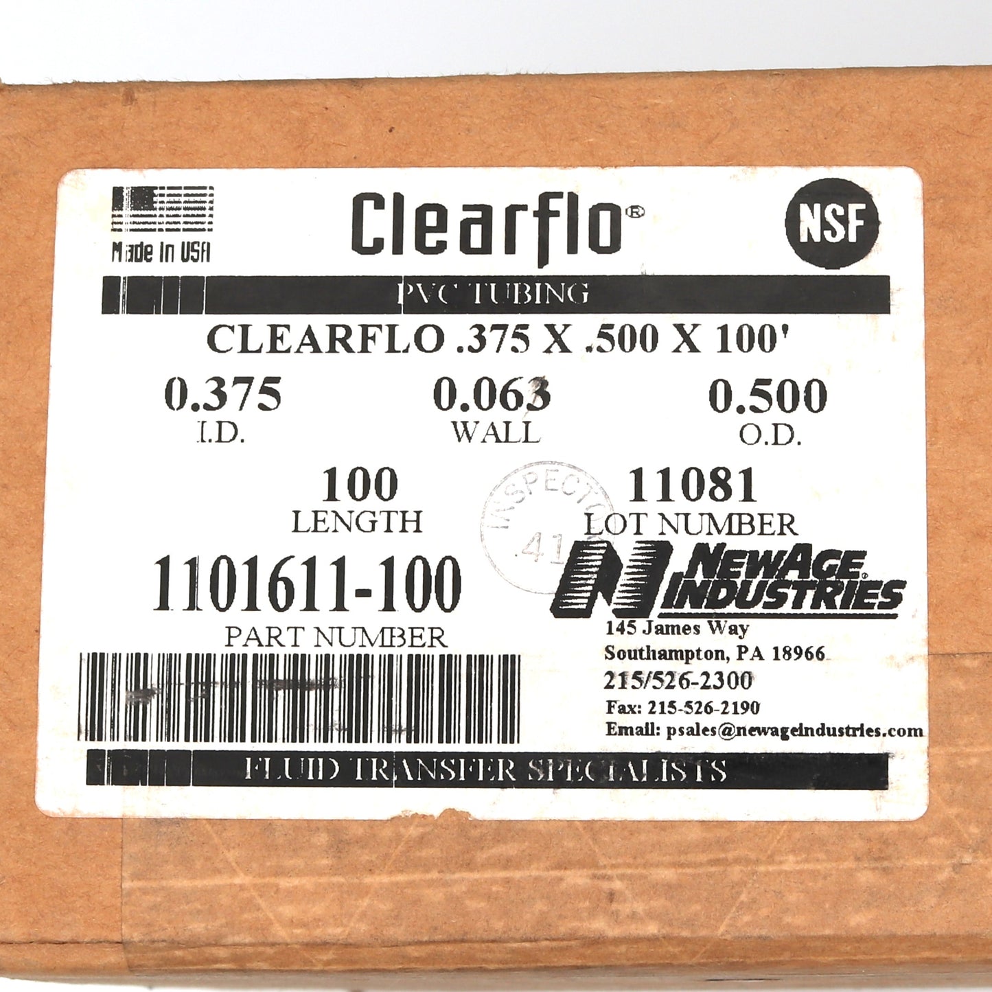 Clearflo PVC tubing packaging with label on a cardboard box