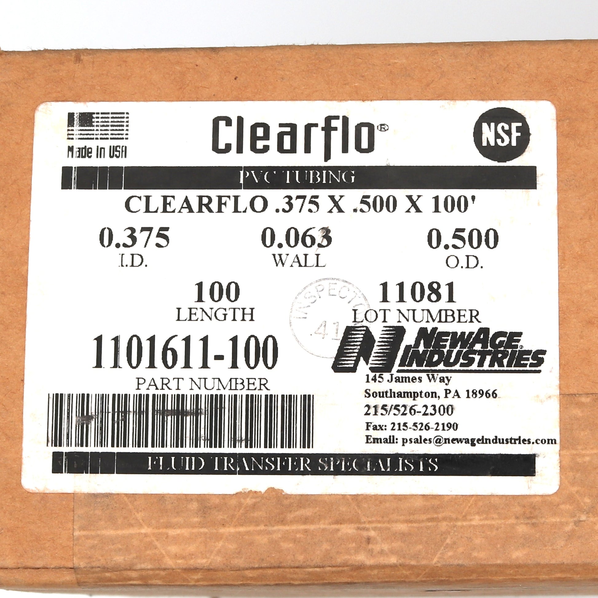Clearflo PVC tubing packaging with label on a cardboard box