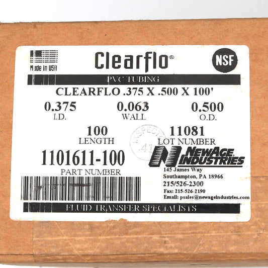 Clearflo PVC tubing packaging with label on a cardboard box
