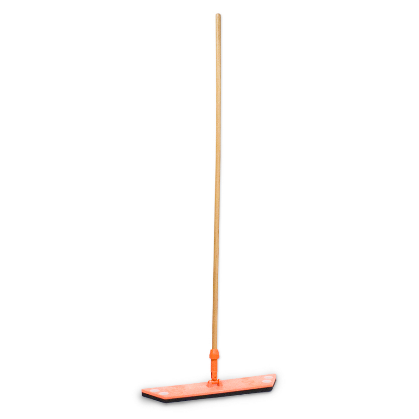 Orange flat broom with a wooden handle on a white background