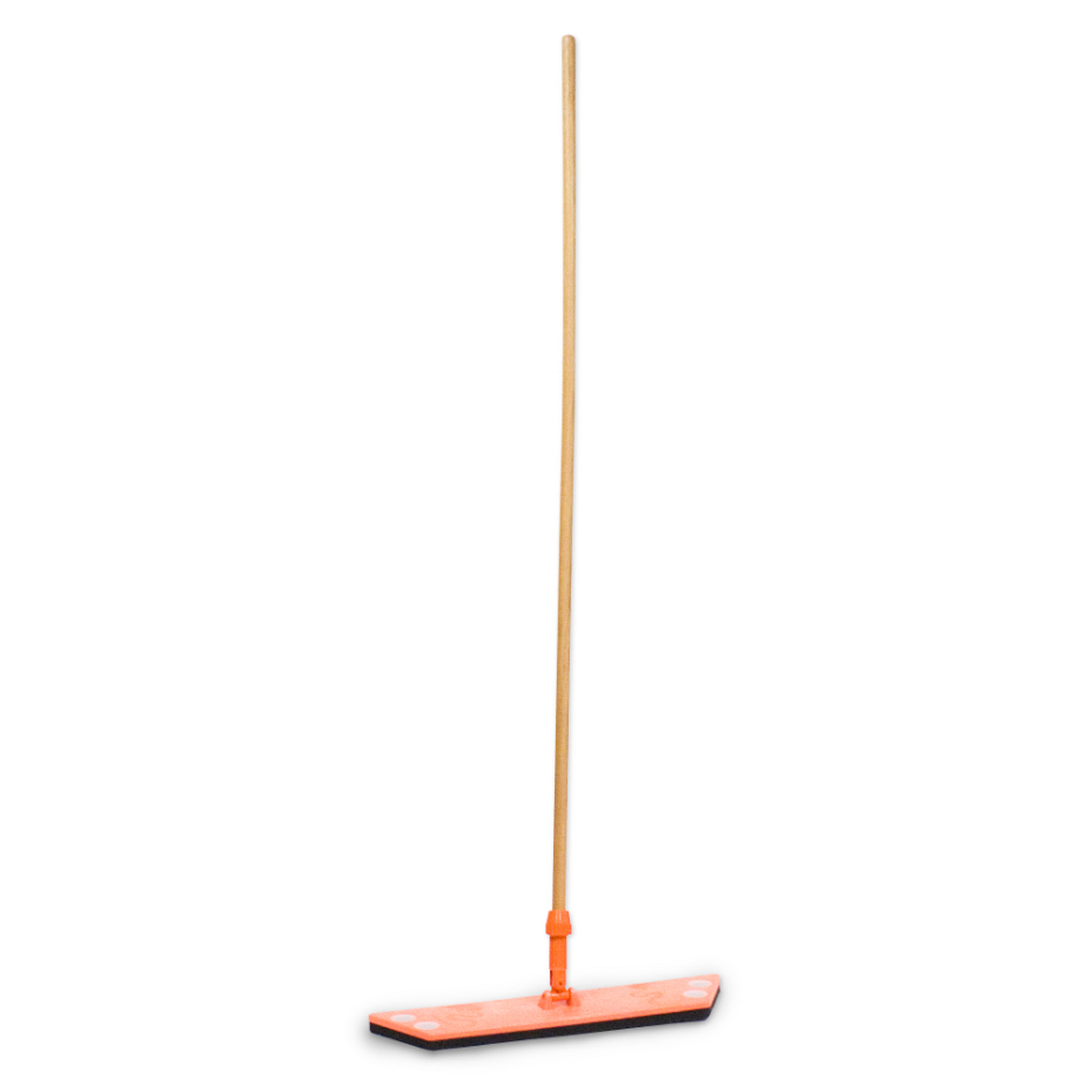 Orange flat broom with a wooden handle on a white background
