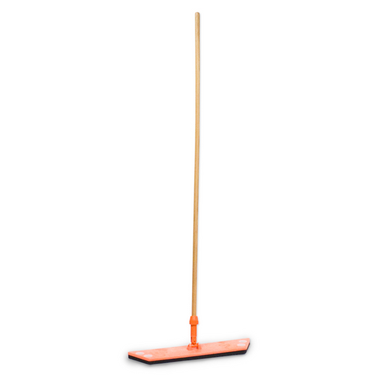 Orange flat broom with a wooden handle on a white background